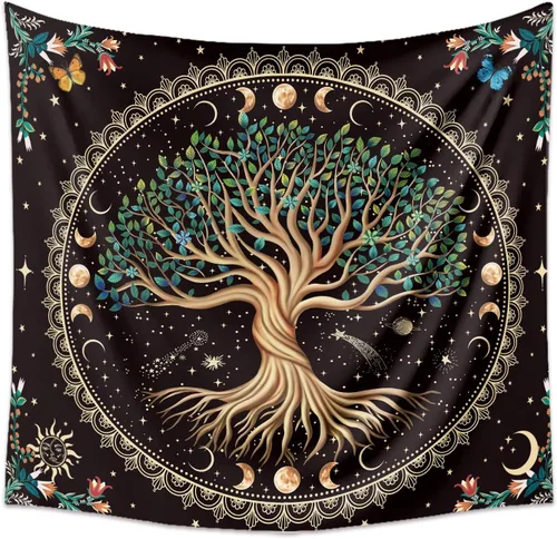 Vista 3 de Tapiz de árbol de la vida de fase lunar, naturaleza, flores, plantas, mariposas, tapices bohemios, mandala espiritual, tapiz estético para colgar