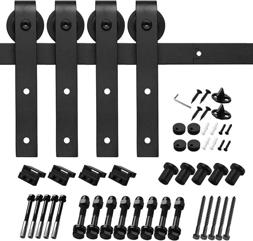 Vista 2 de ROOMTEC Kit de herrajes para puerta corrediza de granero de 8 pies, kit de riel para puerta doble, resistente, polea J básica, se desliza suavemente
