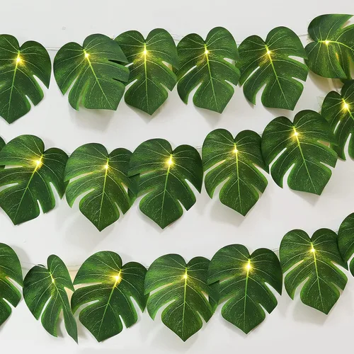 Vista 8 de RECUTMS 20LED Luces de Cadena de Hojas de Monstera, Hojas Artificiales de Palmera de Ratán Tropical, Enredadera Verde Colgante para Pared
