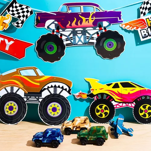 Vista 3 de Containlol 13 piezas de Monster Car Truck suministros para fiesta de cumpleaños de autos divertidos, decoraciones de fiesta de camión, recortes