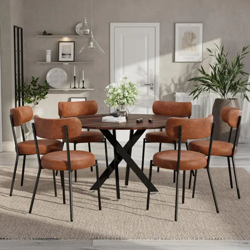 Vista 30 de Moderno juego de mesa de comedor redonda de 3 piezas, mesa de MDF circular negra y 2 sillas de comedor negras Boucle, muebles de cocina con marco
