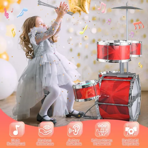 Vista 2 de Juego de batería para niños de 1-3, 3-5 años, con taburete, soporte más alto de juguetes musicales para niños pequeños, batería roja para niñas