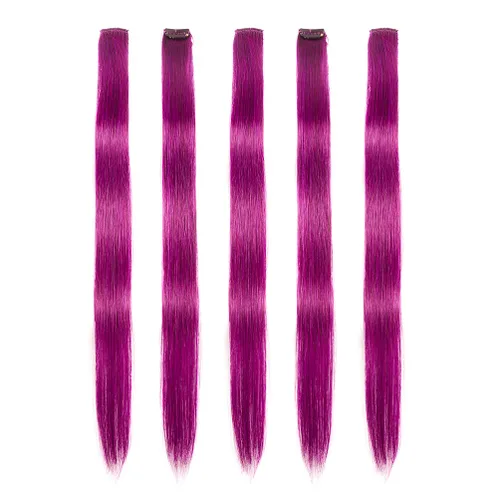 Vista 18 de Winsky Extensiones de cabello morado con clip – 100% cabello humano real de color para niñas, piezas de cabello de Halloween, 5 piezas/juego