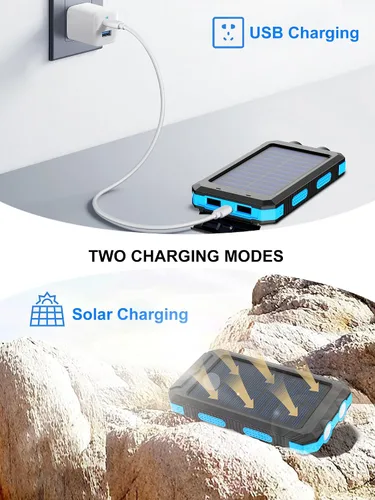 Vista 4 de Cargador solar, 38800 mAh, banco de energía solar, batería externa impermeable de respaldo con entrada/salida USB C/linternas LED compatible
