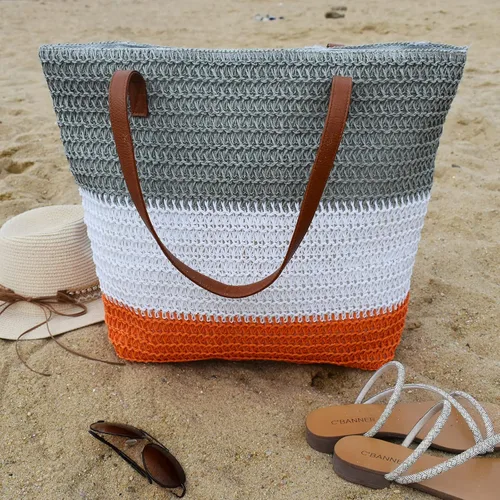 Vista 37 de Bolso grande de paja para mujer, tejido de ratán, bolso de playa de verano, a rayas