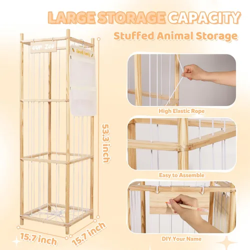 Vista 2 de Organizador de almacenamiento de animales de peluche, soporte grande de madera para juguetes de zoológico con bolsillos, peluches, almacenamiento