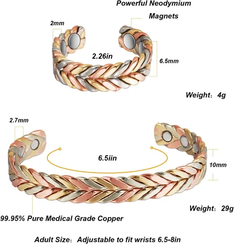 Vista 3 de Pulsera de cobre para mujer, traje de cobre puro, ajustable, tres colores, trenza, magnética, regalo de joyería Fashsion (0932 2040)