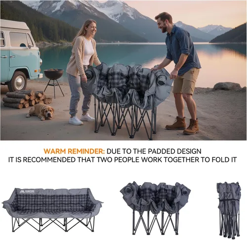 Vista 6 de Huskfirm Silla de camping acolchada para 3 personas, silla de camping plegable, silla de campamento doble portátil, silla de campamento resistente