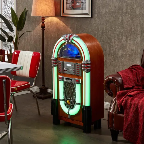 Vista 3 de Arkrocket Taurus II Jukebox Centro de entretenimiento de tamaño mediano Reproductor de discos de vinilo Bluetooth, tocadiscos Reproductor de CD