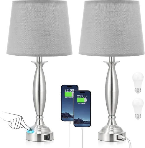 Vista 17 de Juego de 2 lámparas grises para dormitorio, lámpara de noche con control táctil con USB C+A, lámparas de mesita de noche regulables de 3 vías