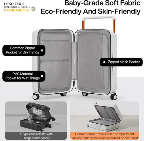 Vista 3 de mixi Maletas de equipaje ligeras de mango ancho PC Hardshell equipaje con ruedas giratorias y cerradura TSA, con cubierta, Blanco ahumado.