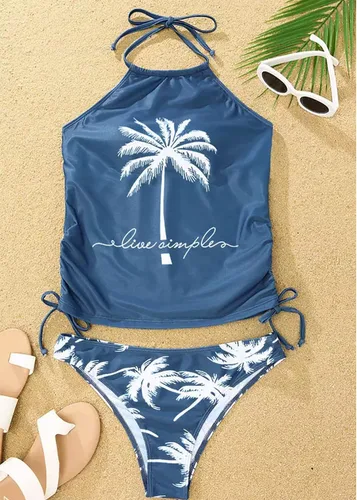 Vista 3 de Conjunto de tankini con cuello halter de árbol de coco para mujer, con tirantes ajustables, traje de baño de playa