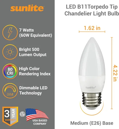 Vista 2 de Sunlite Bombilla LED B13 Torpedo decorativa, 7 vatios (60 W = ), 500 lúmenes, 120 voltios, regulable, base E26, certificación ETL, torpedo