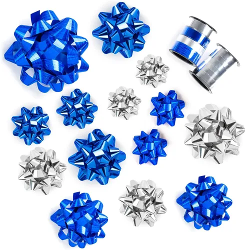Vista 8 de WRAPAHOLIC Surtido de 16 Lazos de Regalo - 14 Lazos de Regalo de Varios Colores y Tamaños Surtidos (Azul Real, Dorado, Plateado) y 2 Cintas Rizadas