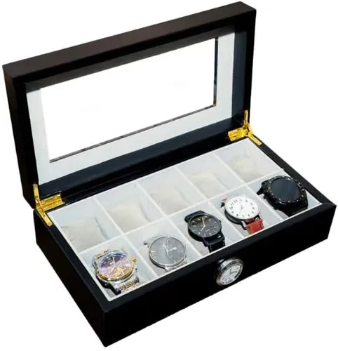 Vista 9 de Caja de reloj con 10 ranuras de vidrio transparente para hombres y mujeres, exquisito almacenamiento de reloj negro con piel sintética superior