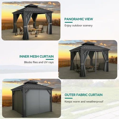 Vista 4 de YITAHOME Cenador de techo duro de 10x10 pies con redes y cortinas, acero galvanizado de doble techo resistente combinado con techo de rayas Gris