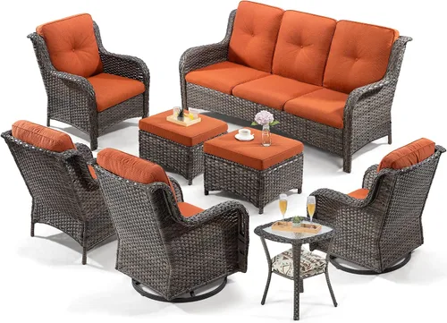 Vista 56 de Juego de 2 sillas de patio giratorias de 360 grados para exteriores y mesa auxiliar a juego – 3 sillas deslizantes de mimbre para patio con cojines