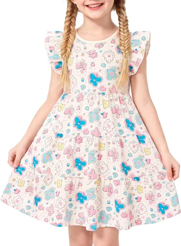 Vista 18 de Vestido casual para niñas, de algodón suave, manga corta, transpirable, acampanado, para adolescentes, talla 2T, 3T, 4T, 5, 6, 7, 8, 9, 10, 12, 13