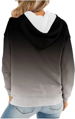 Vista 3 de Sudadera de manga larga con capucha y estampado a cuadros para mujer, sudadera suelta con cordón ajustable, tallas grandes