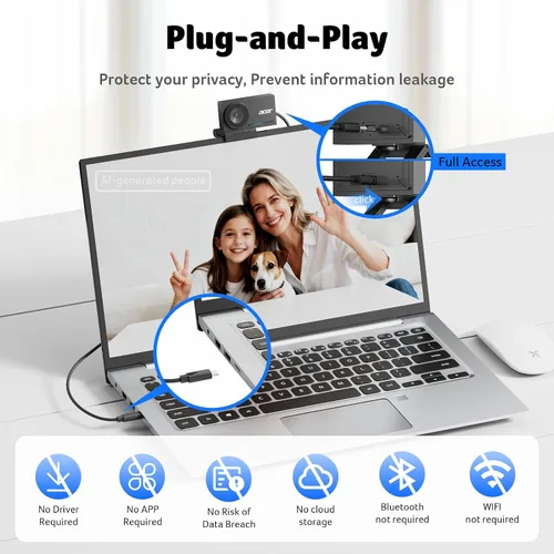 Vista 5 de Acer Cámara web 4K para PC/Mac con esculpido Unibody totalmente metálico, sensor Sony de 1/2 pulgada, PDAF, 2 micrófonos de reducción de ruido