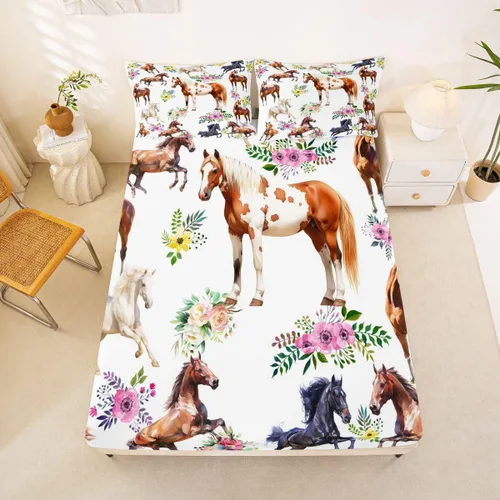 Vista 3 de Sábana bajera ajustable de caballo, sábanas de flores de animales de granja, tamaño individual para niños, adolescentes, adultos, dormitorio, juego