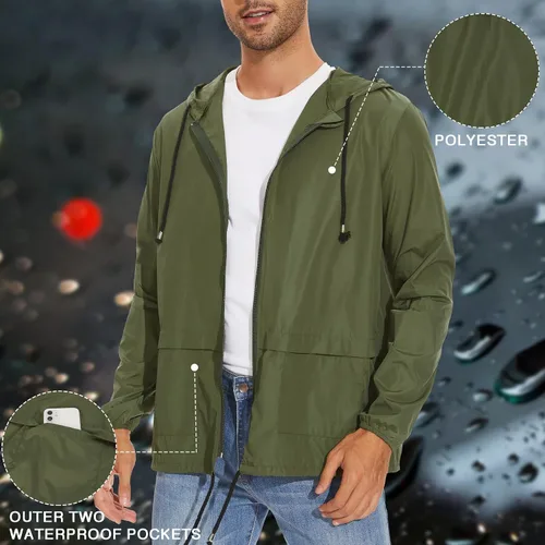 Vista 4 de Zando Chubasquero para hombre, impermeable, con capucha, rompevientos, ligero, para ciclismo
