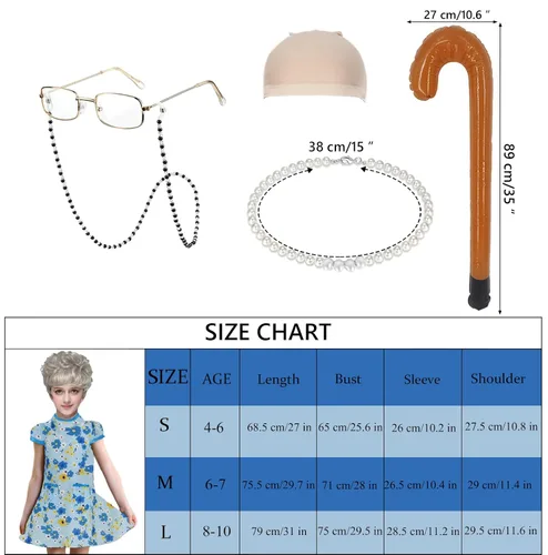 Vista 3 de Ruina Disfraz de anciana para niños, 100 días de escuela con peluca gris, vestido azul para niños, gafas, cadena de vidrio, collar, bastón de globo