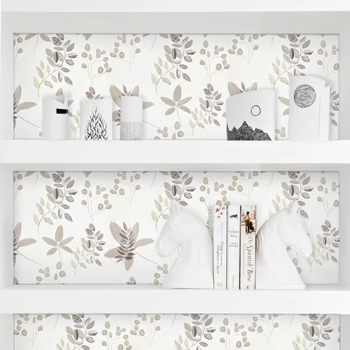 Vista 7 de Caltero Papel tapiz floral beige para despegar y pegar, papel tapiz de hojas de eucalipto de oliva de 17.3 pulgadas, 98.4 pies, papel de contacto