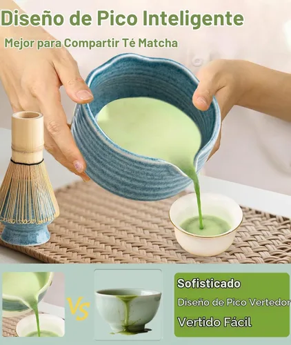 Vista 8 de JBER Juego de matcha con cuenco de cerámica de 17 onzas, batidor de bambú retro azul