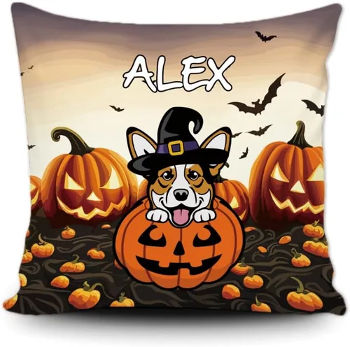 Vista 8 de Funda de almohada personalizada de Halloween, perro labrador con sombrero de bruja, calabaza, Halloween, cachorro, funda de cojín decorativa de lona