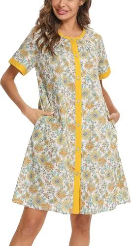 Vista 2 de YOZLY Vestido de casa para mujer, de manga corta, bata con botones, tallas S-XXL
