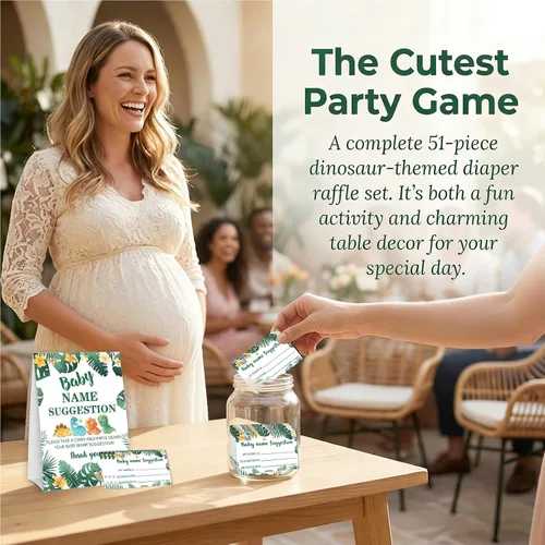 Vista 6 de DETIHO Tarjetas de juego de dinosaurio para baby shower, 1 letrero de sugerencia de nombre de bebé con 50 tarjetas de relleno, juego de fiesta