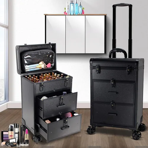 Vista 4 de Estuche de tren cosmético multifuncional, caja de almacenamiento de carretilla grande, organizador de cosméticos rodante con 4 ruedas rodantes