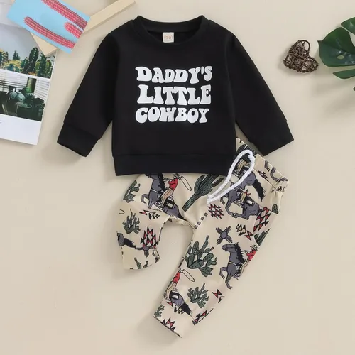 Vista 2 de Foidiccx Conjunto de ropa occidental para bebé niño pequeño, sudadera vaquera, pantalones deportivos, ropa de otoño e invierno