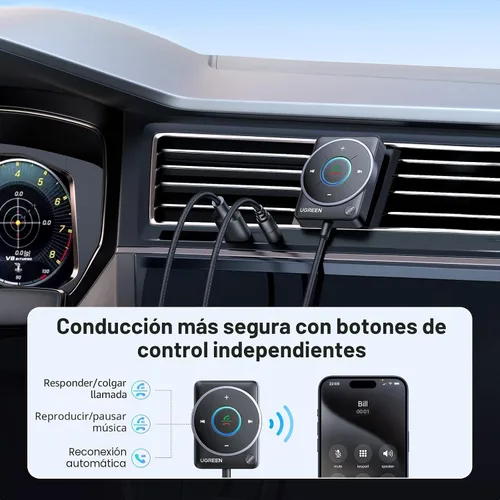 Vista 5 de UGREEN Adaptador auxiliar Bluetooth 5.4 para automóvil, [conexión mejorada y cancelación de ruido], receptor auxiliar Bluetooth con cable trenzado