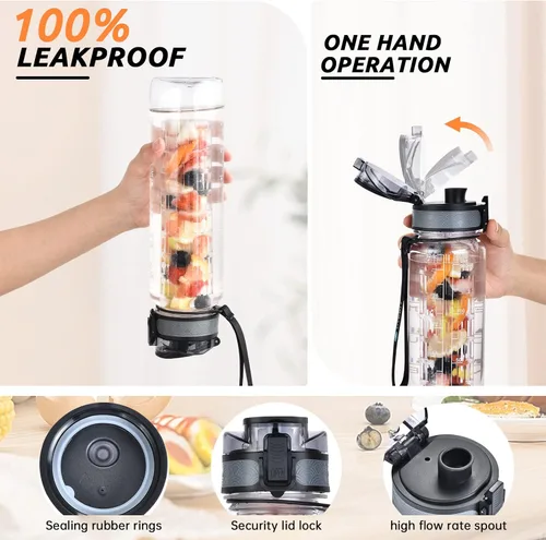 Vista 3 de UTEBIT Botella de agua con infusor de frutas de 32 onzas, botella de agua deportiva aislada con pajilla, 1 litro, sin BPA, a prueba de fugas, jarra