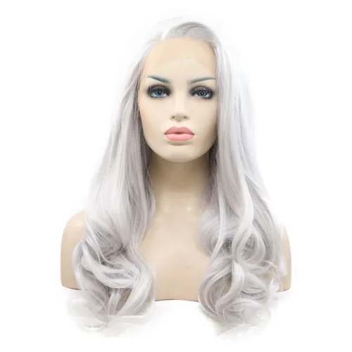 Vista 7 de 1001 #Color sintético rubio blanco encaje frente pelucas para mujeres pelo rubio platino largo cuerpo onda peluca resistente al calor fibra larga