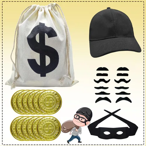Vista 3 de Conjunto de accesorios de disfraz de ladrón de Halloween, disfraz de ladrón, disfraz de ladrón de bancos para niñas y niños