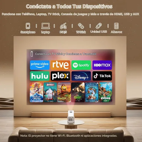 Vista 2 de Mini proyector con soporte 4K, proyector portátil de corto alcance (Luna)