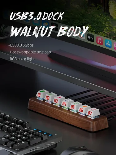 Vista 4 de Walnut Wood Hub USB 3.0 alimentado por 7 puertos, transferencia de datos de 5 Gbps, expansor de interruptor de teclado mecánico de 3 pines