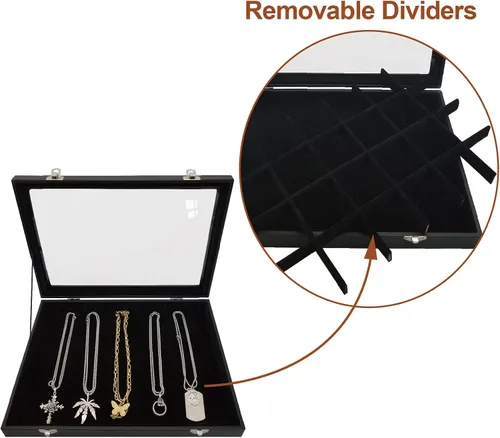 Vista 5 de Joyero de 24 rejillas extraíbles para aretes y anillos, caja organizadora con tapa transparente para mujeres y esposas (negro)