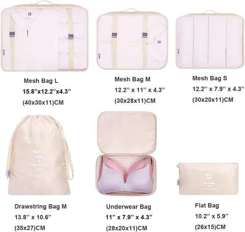 Vista 3 de Fxkoolr Juego de 6 cubos de embalaje organizadores de equipaje para viajes beige