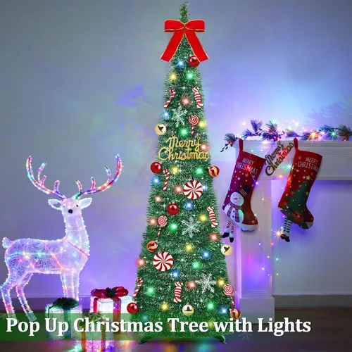 Vista 3 de [Temporizador] Árbol de Navidad desplegable de 6 pies, árbol de Navidad plegable verde con 50 luces coloridas, 16 caramelos, 10 bolas, 4 copos