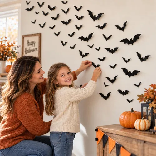 Vista 3 de Cleangor - 140 decoraciones de murciélago de Halloween, decoración de pared Negro