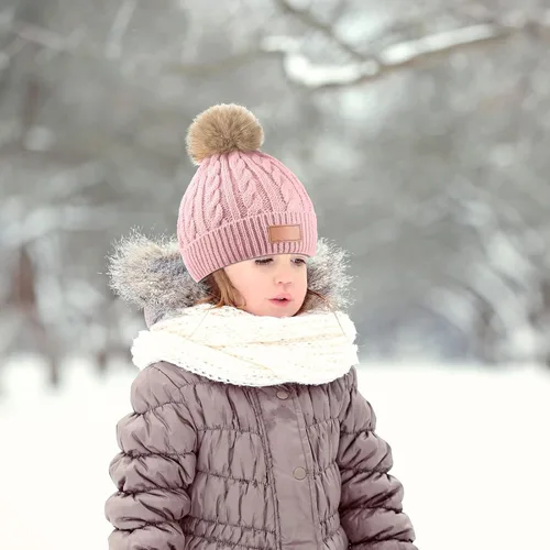 Vista 6 de Gorro de lana de punto para niños de 3 piezas, gorro de invierno cálido con pompón desmontable para niñas de 1 a 3 años