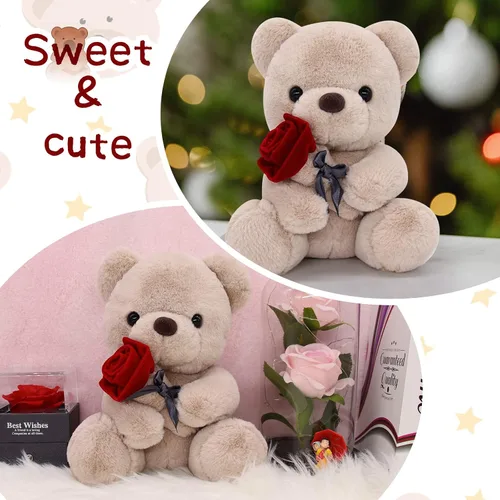 Vista 5 de Oso de peluche de 9 pulgadas, lindo oso de peluche marrón con rosa, animal de peluche para el día de la madre para mamá, regalo de oso de peluche