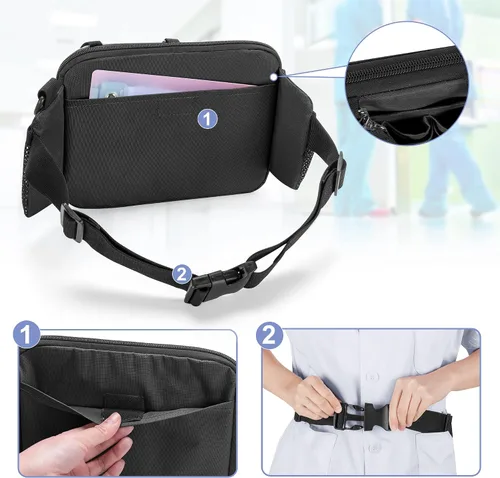 Vista 4 de Damero - Cangurera para enfermera con múltiples compartimentos y soporte para cinta, color negro Nurse Tool Belt Utility Nurse Waist Bag with