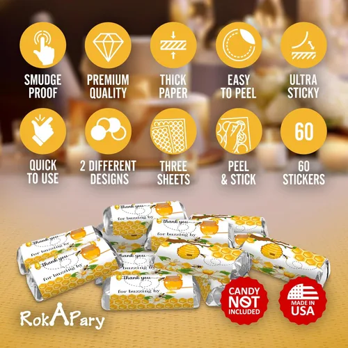 Vista 2 de RokAPary 60 mini envolturas de barra de caramelo con temática de abejorro, calcomanías de barra de caramelo con temática de agradecimiento