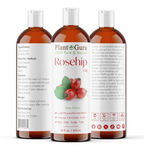 Vista 2 de Plant Guru Aceite de rosa mosqueta sin refinar 16 fl. oz. 100% puro prensado en frío, nutritivo para la piel, cabello, cuero cabelludo y uñas