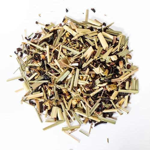Vista 6 de Té orgánico de hojas sueltas Hibisco Té de hierbas Zest. Flores de hibisco orgánicas, citronela, rooibos verdes, raíz de regaliz, cáscara de naranja